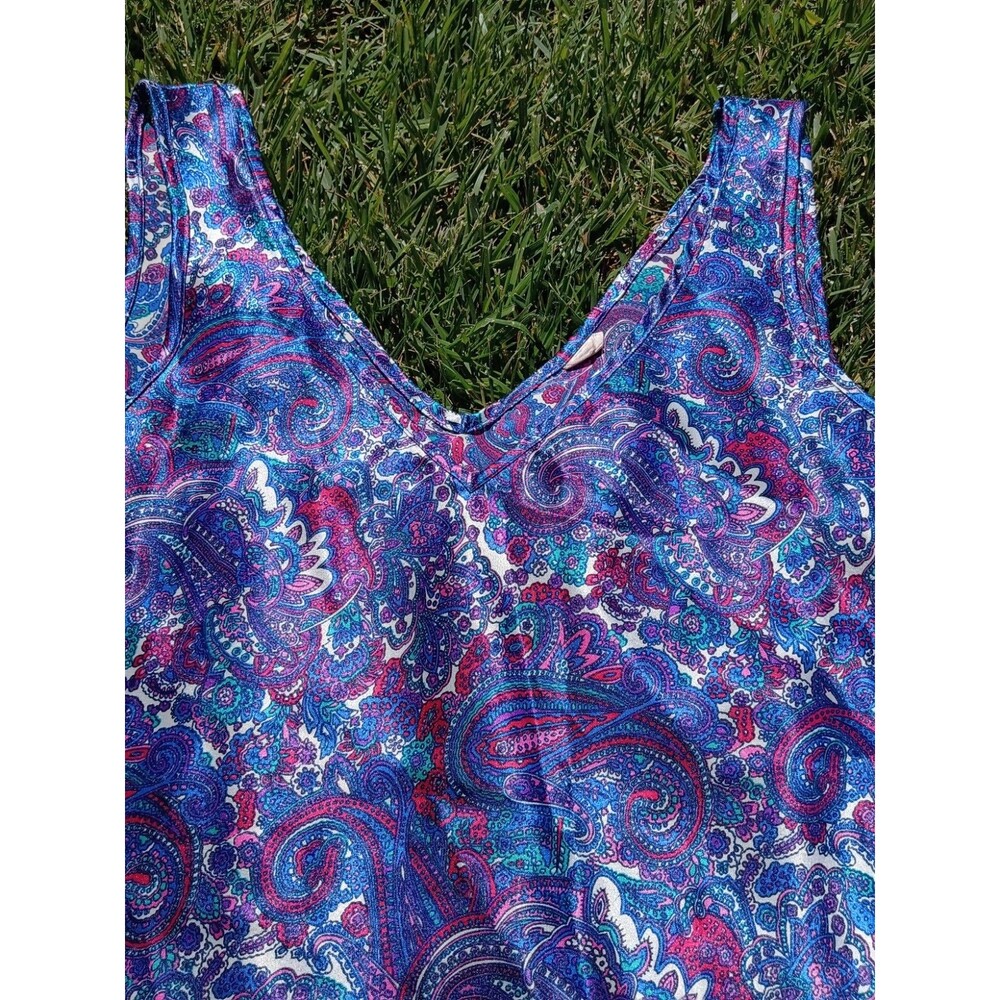 Vintage Purple Paisley Satin V-Neck Tank Top Maximalist Boho Festival Y2K - Picture 3 of 6